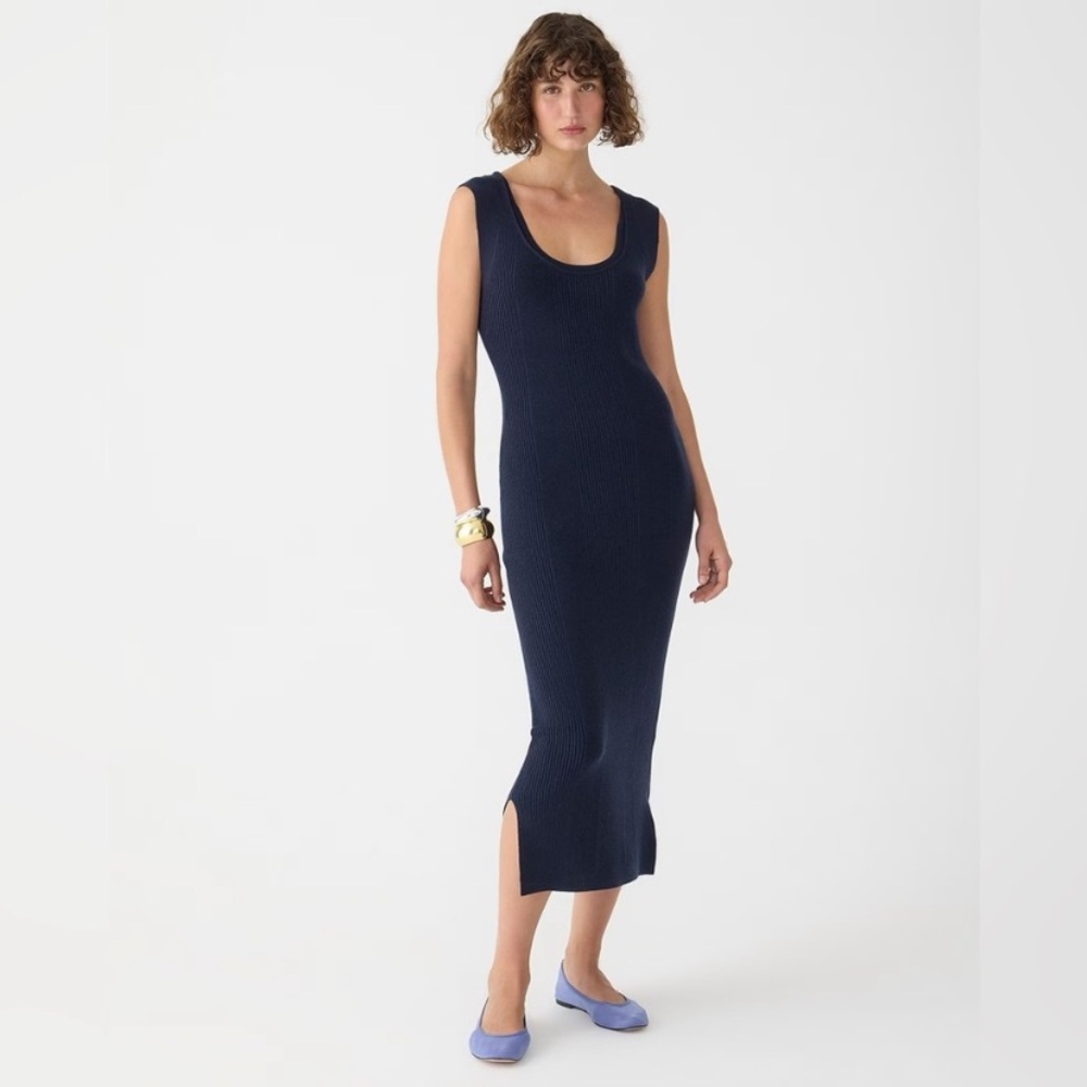 NWT J. Crew Womens Large Navy Blue Sweater Knit Ribbed Maxi Dress with Side Slit
